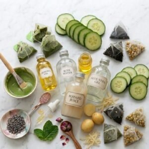 Natural ingredients for dark circle treatment including cucumber slices, tea bags, aloe vera gel, essential oil, and herbal skincare remedies