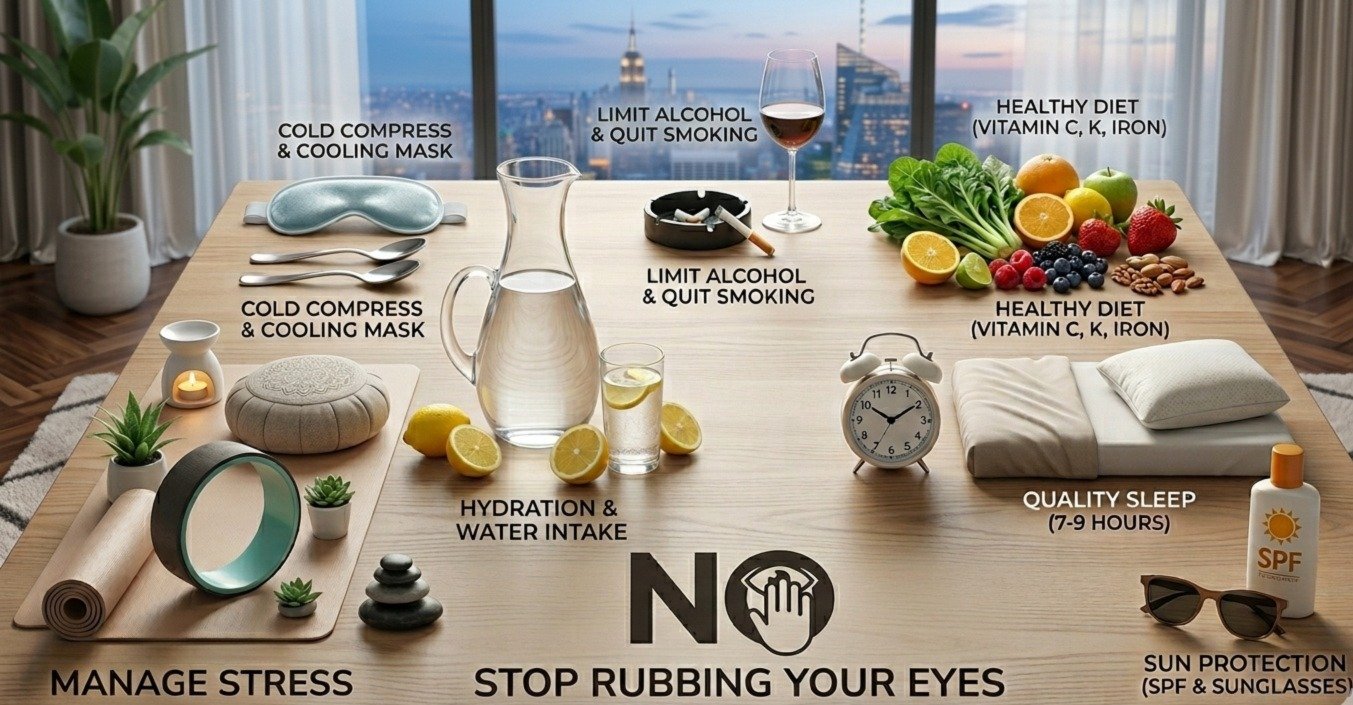 Lifestyle tips to reduce dark circles including proper sleep, hydration, healthy diet, cold compress, stress management, and sun protection