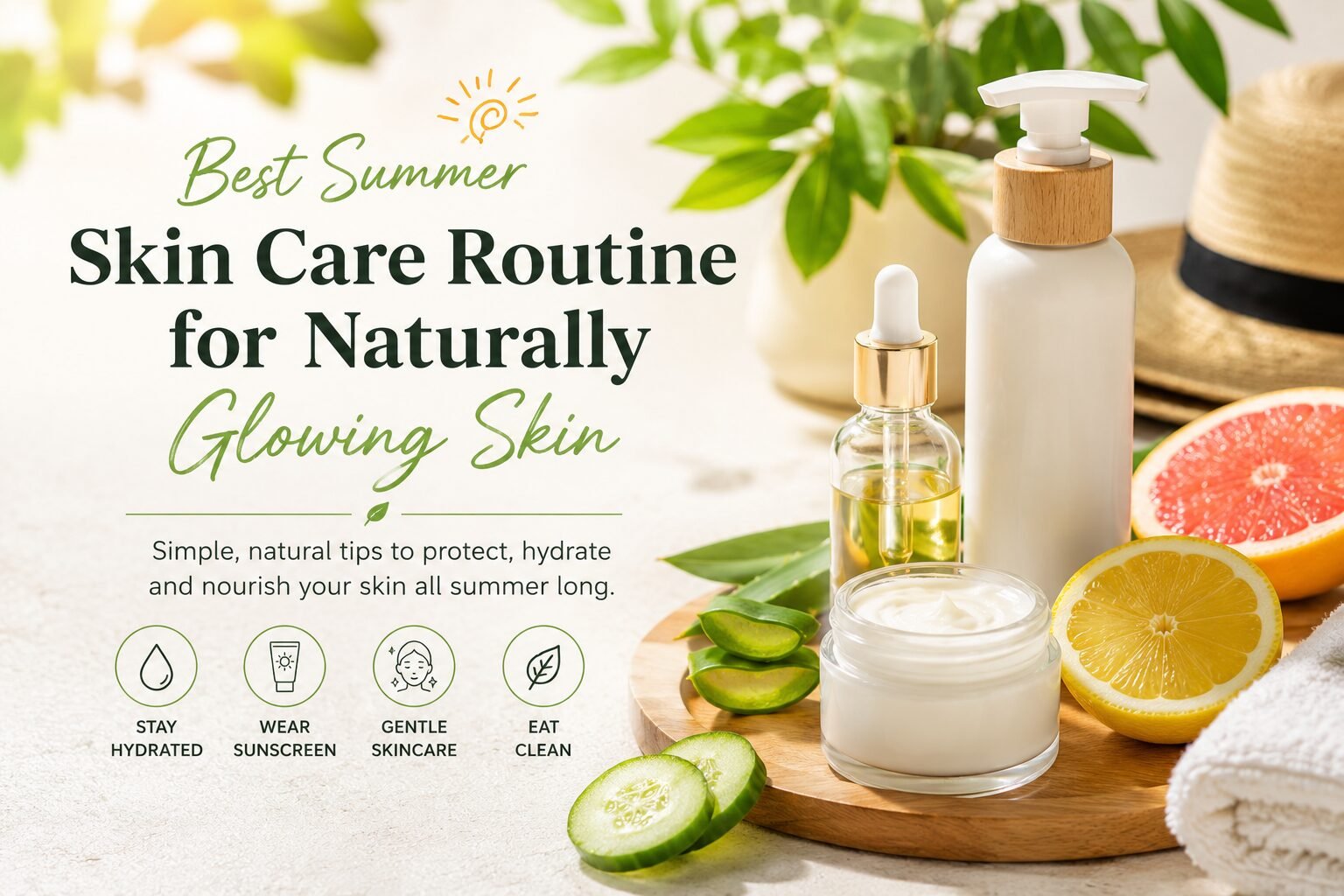Best Summer Skin Care Routine for Naturally Glowing Skin with natural skincare products, lemon, cucumber, aloe vera, and hydrating summer beauty essentials.