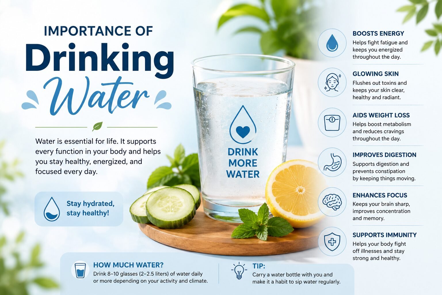 Importance of Drinking Water infographic showing a glass of water with lemon and cucumber highlighting hydration benefits for health, skin, digestion, and energy.