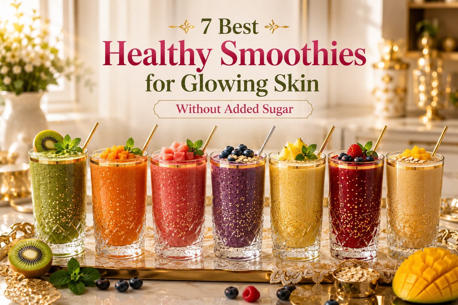 7 Best Healthy Smoothies for Glowing Skin Without Added Sugar served in luxury crystal glasses with golden and silver straws in a premium kitchen setting