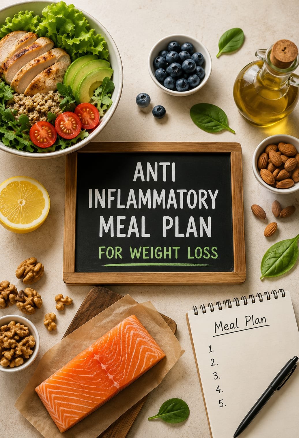 7 Day Anti Inflammatory Meal Plan for Weight Loss with healthy foods like salmon, nuts, vegetables, olive oil, and fresh fruits