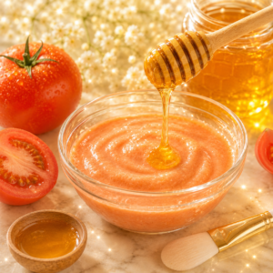 Homemade tomato and honey face mask in glass bowl for sun tan removal and glowing skin naturally
