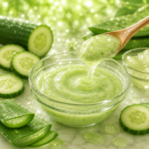 Refreshing aloe vera and cucumber homemade face mask in glass bowl for glowing hydrated skin naturally