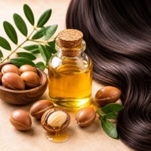 Argan oil bottle with argan nuts and healthy shiny hair, commonly used for smooth, soft, and healthy hair care.