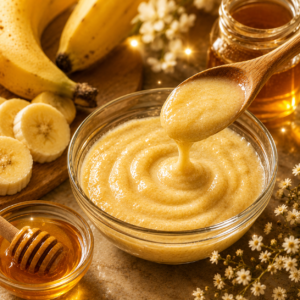 Shiny banana and honey homemade face mask in glass bowl for dry glowing soft skin naturally