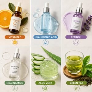 Skincare ingredient collage featuring Vitamin C, Hyaluronic Acid, Retinol, Niacinamide, Aloe Vera, and Green Tea for glowing youthful skin