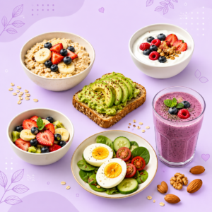Healthy breakfast foods including oatmeal, yogurt, avocado toast, smoothie, fruit bowl, and boiled eggs displayed on a light purple background for heart healthy eating.
