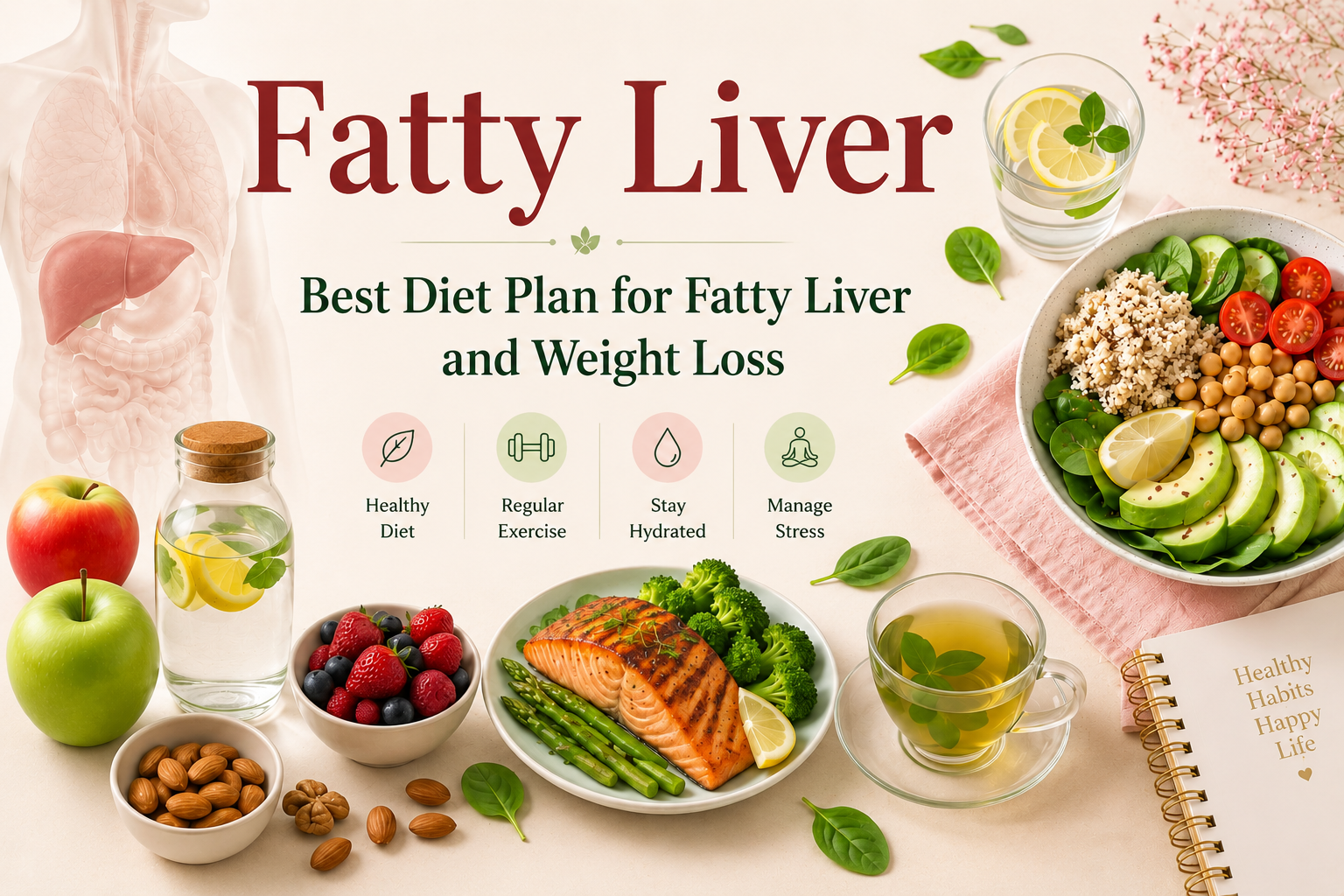 Best Diet Plan for Fatty Liver and Weight Loss with healthy foods green tea salmon vegetables fruits and liver wellness lifestyle
