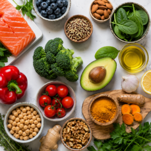 Best foods to eat during a 7 Day Anti Inflammatory Meal Plan including salmon avocado broccoli berries spinach turmeric and healthy ingredients