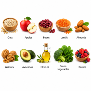 Healthy foods including oats, apples, beans, lentils, almonds, walnuts, avocados, olive oil, green vegetables, and berries displayed in a clean food collage.