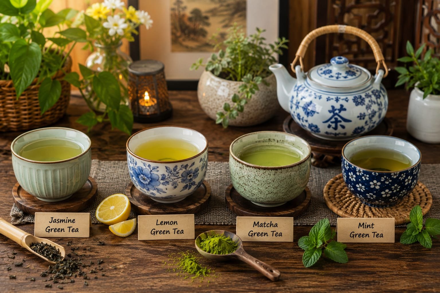Best morning drinks for weight loss with jasmine green tea lemon green tea matcha green tea and mint green tea on wooden table