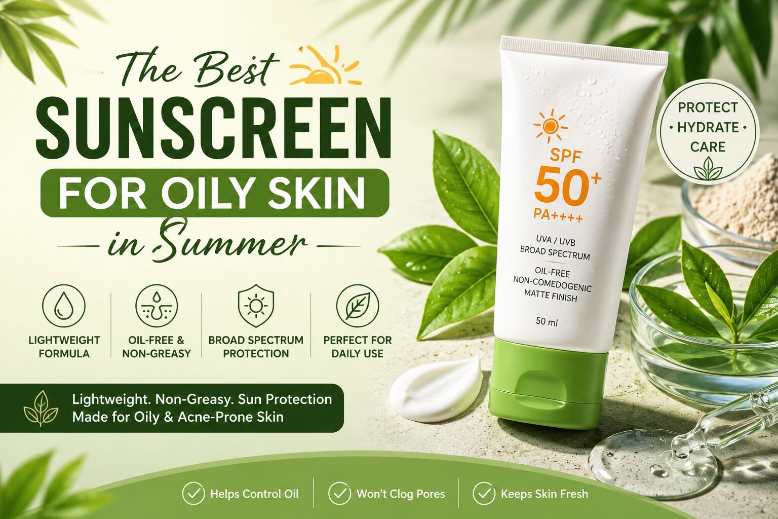 Best sunscreen for oily skin in summer with lightweight SPF 50 sunscreen, green tea ingredients, and oil-free skincare products