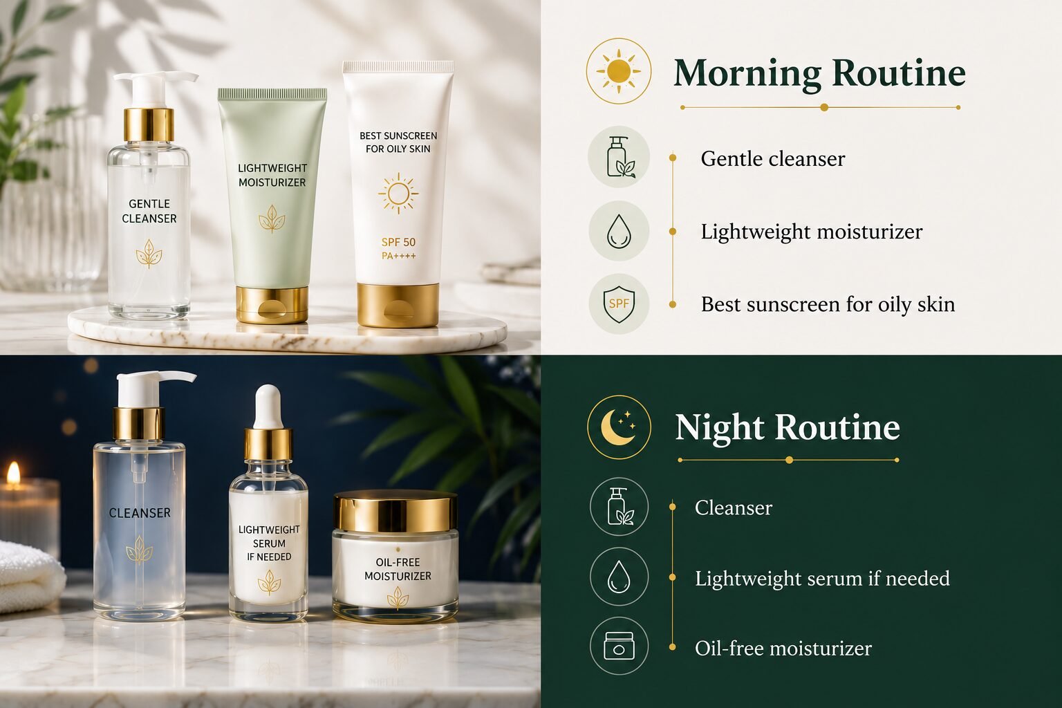 Best sunscreen for oily skin morning and night skincare routine with cleanser, lightweight moisturizer, serum, and SPF products for summer skincare