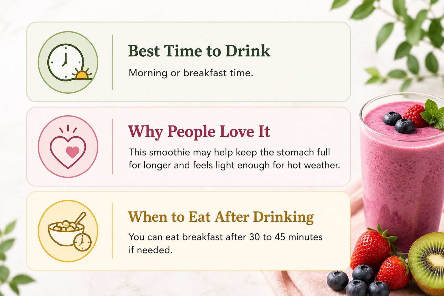Infographic showing the best time to drink healthy smoothies for glowing skin and when to eat after drinking
