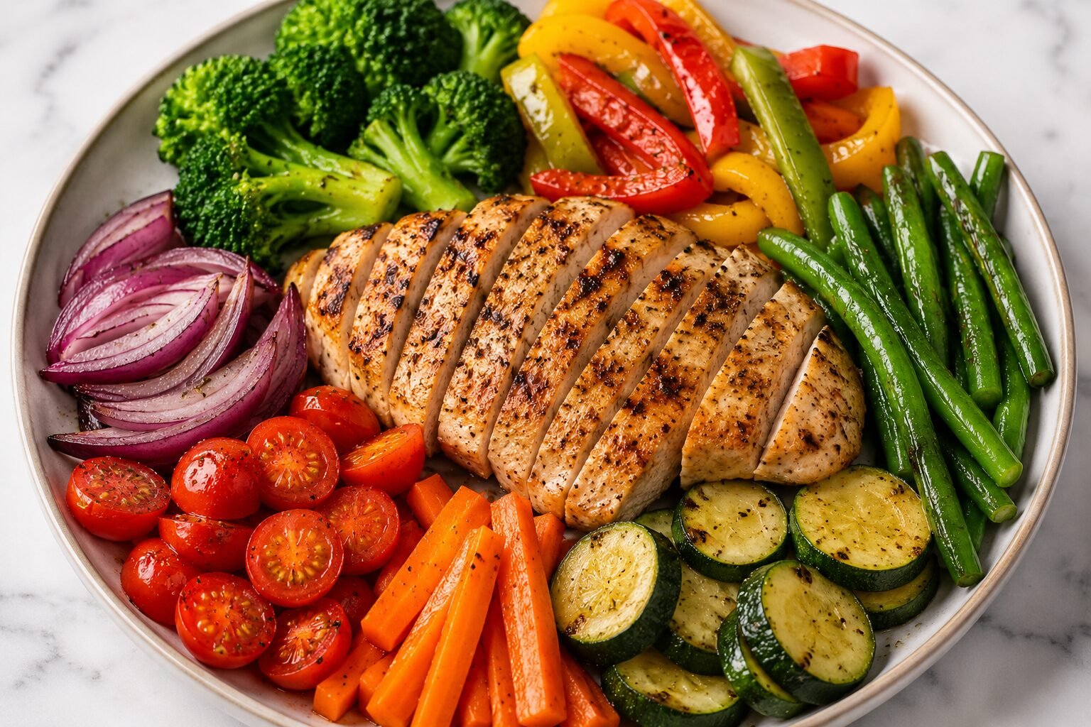Best vegetables to pair with chicken steak including broccoli green beans carrots zucchini bell peppers tomatoes and onions on a healthy meal plate