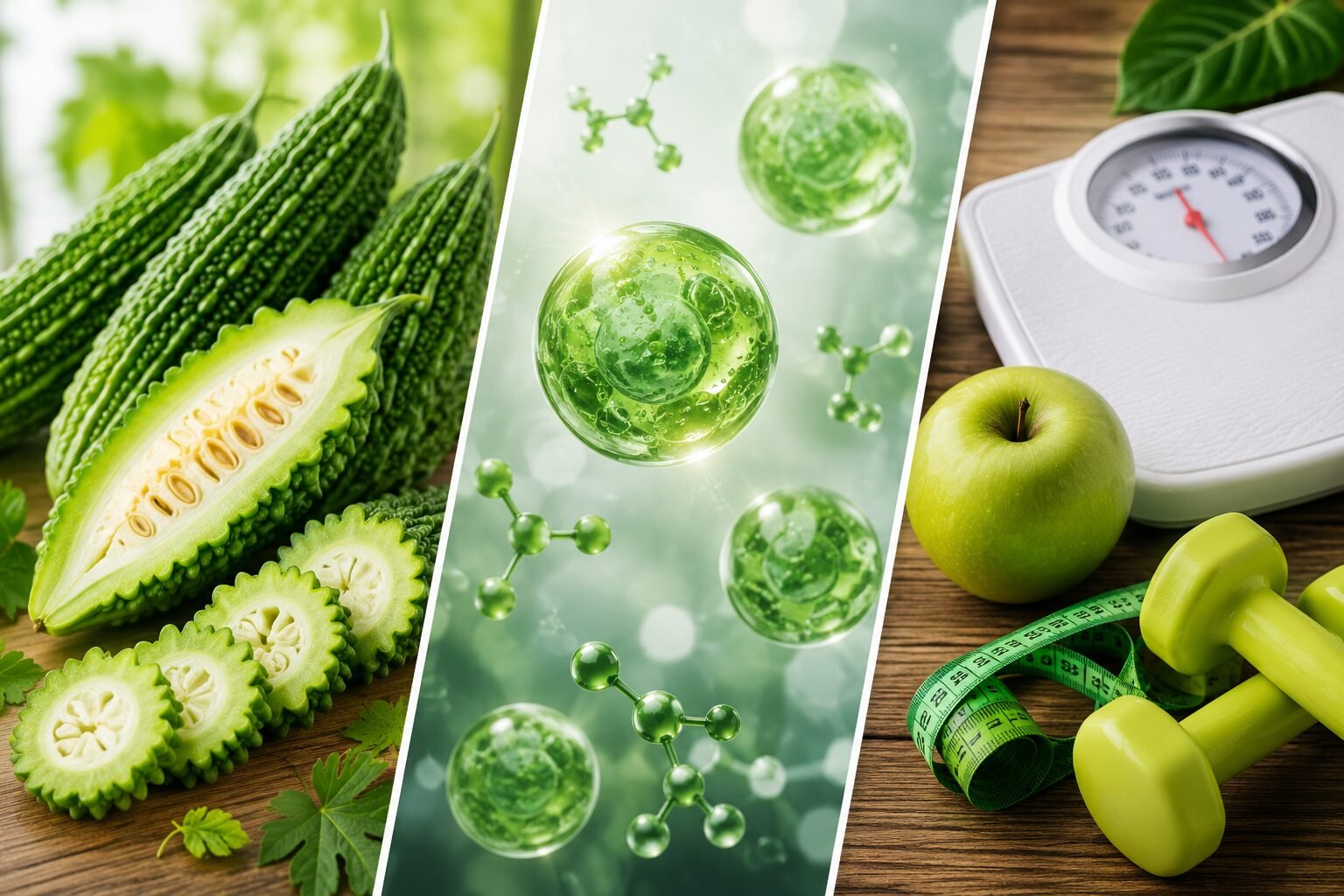 Fresh bitter melon with antioxidant concept and healthy weight management items on a wooden background