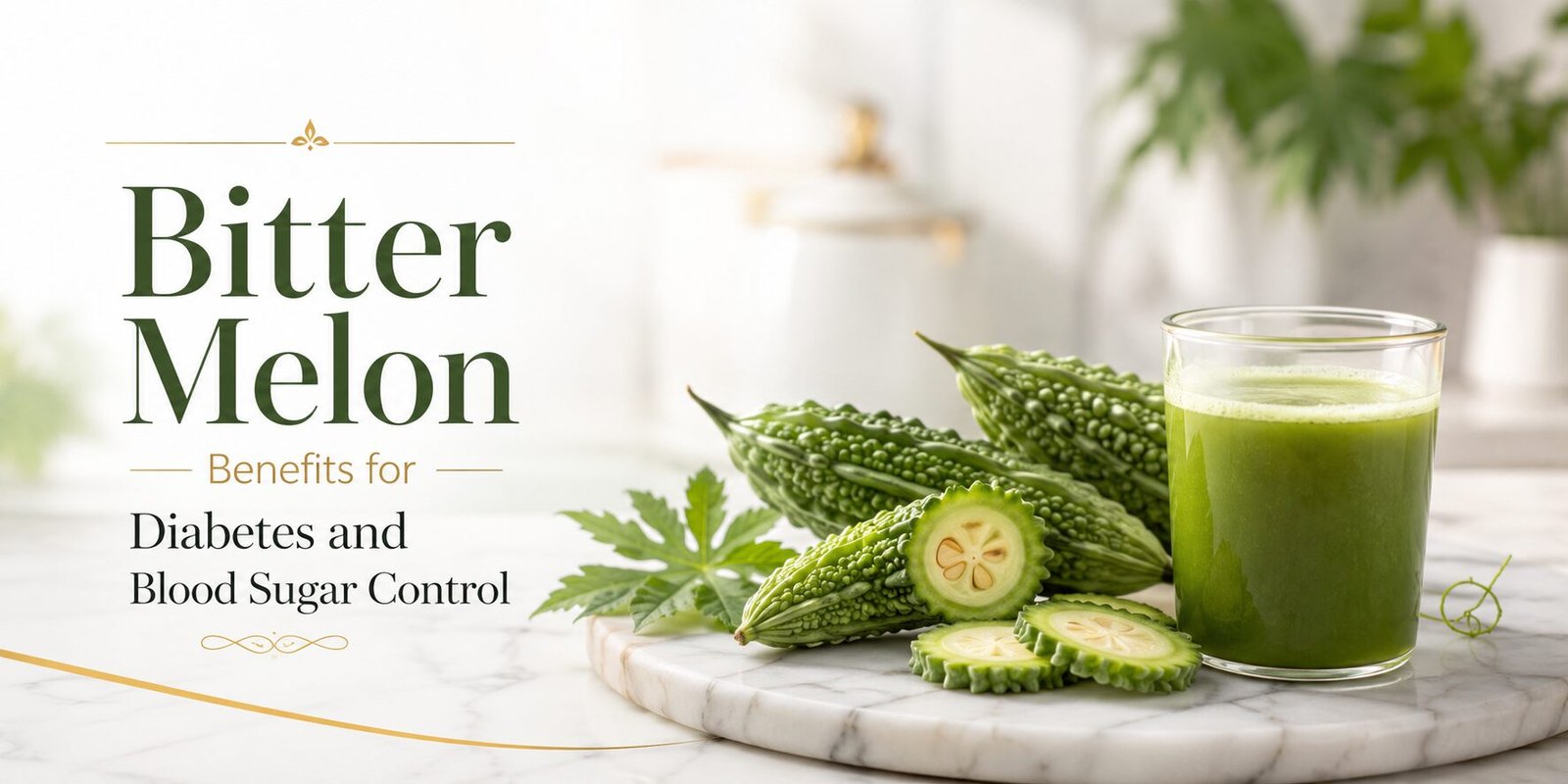 Fresh bitter melon and bitter melon juice showing bitter melon benefits for diabetes and blood sugar control naturally