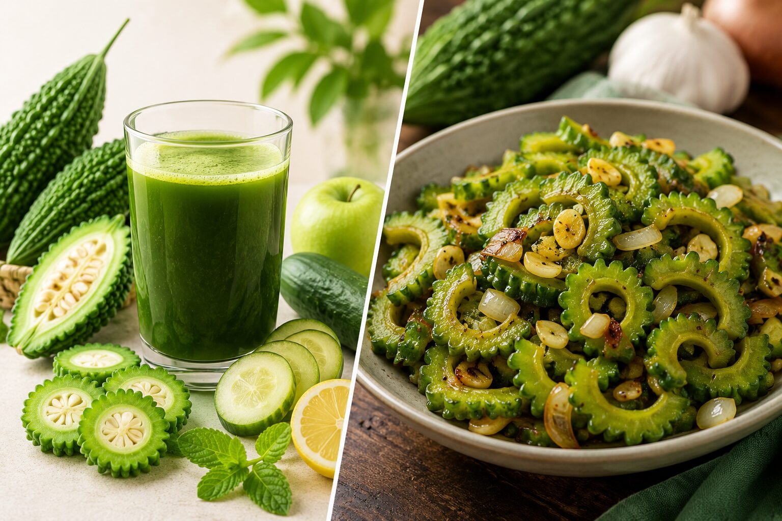 Fresh bitter melon juice with cucumber lemon mint and healthy stir fry bitter melon dish