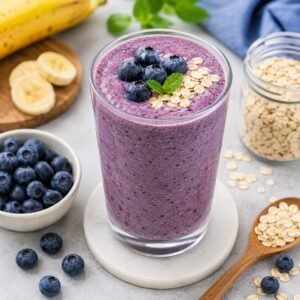 Creamy blueberry oat smoothie in a glass with fresh blueberries and oats on a light background