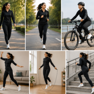 Woman in full workout outfit doing cardio exercises including walking, jogging, cycling, skipping rope, dancing, and stair climbing
