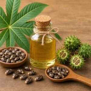 Castor oil bottle with castor seeds and castor plant pods used in natural remedies for thin hair and healthy hair growth.