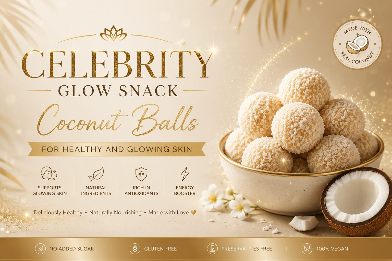 Celebrity Glow Snack Coconut Balls for Healthy and Glowing Skin with premium coconut snack presentation