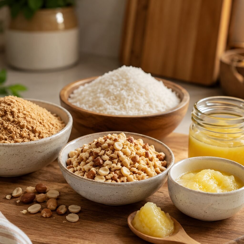 Premium kitchen scene showing coconut powder, crushed peanuts, jaggery powder, and ghee arranged in bowls for making Celebrity Glow Snack Coconut Balls.