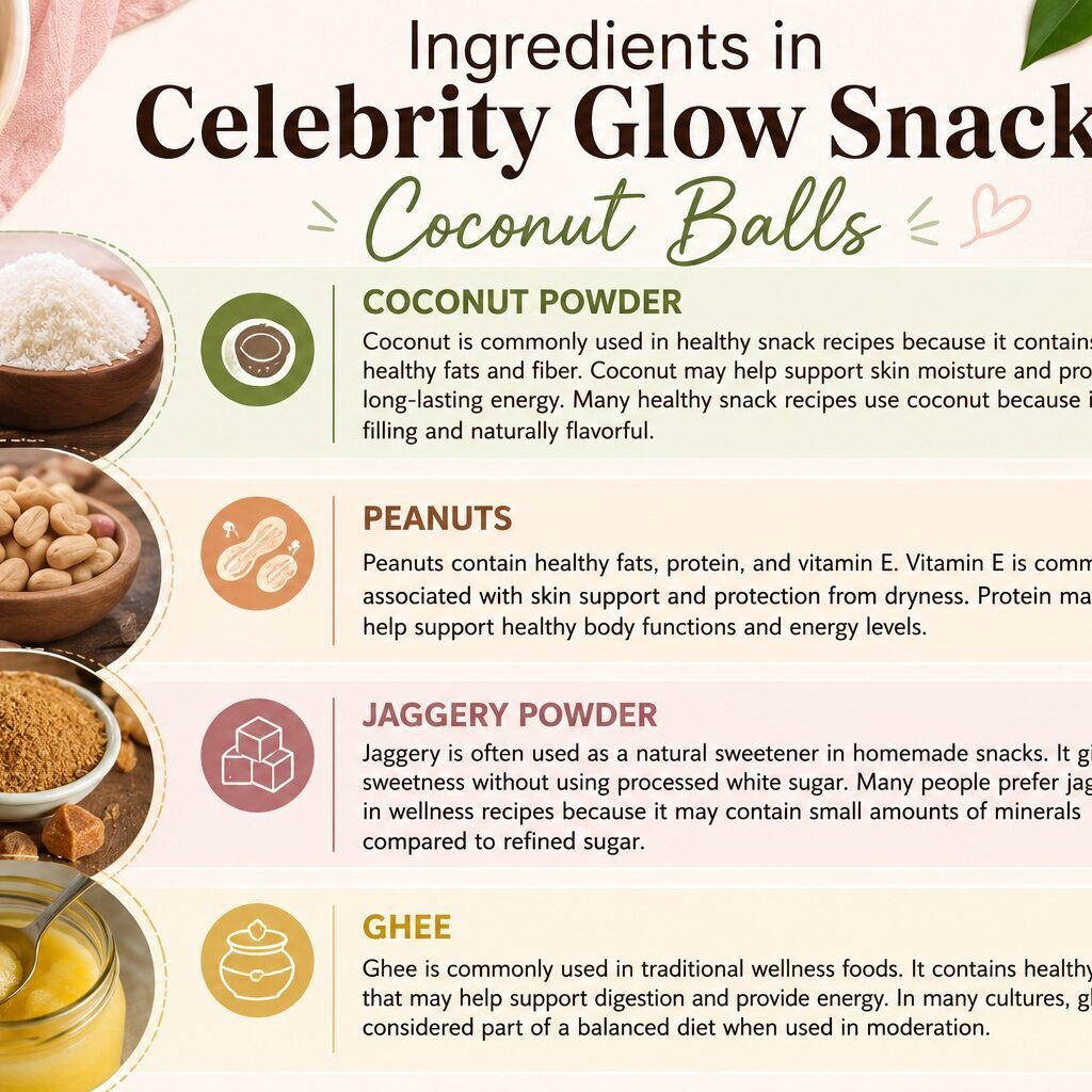 Infographic showing coconut powder, peanuts, jaggery powder, and ghee used in Celebrity Glow Snack Coconut Balls for healthy and glowing skin.