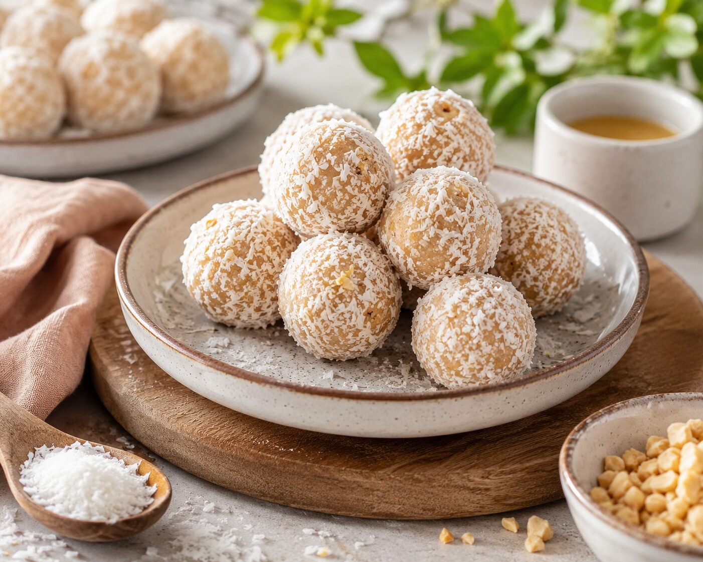 Premium homemade celebrity glow snack coconut balls coated with coconut flakes served in a stylish kitchen setup with healthy ingredients and warm natural lighting.