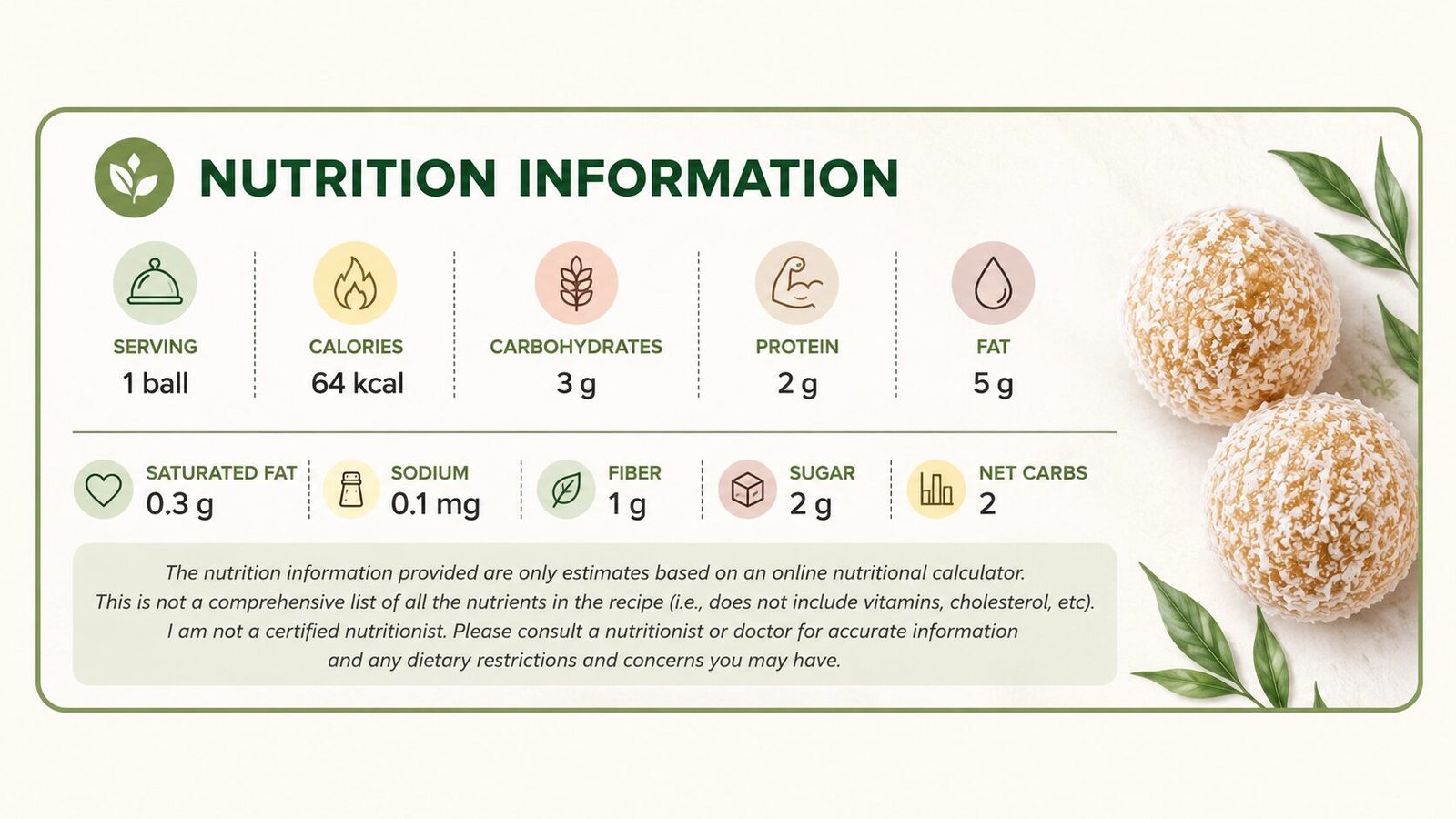 Horizontal premium nutrition information infographic for celebrity glow snack coconut balls showing calories, protein, carbohydrates, fat, fiber, sugar, and serving details with coconut snack balls on the side.