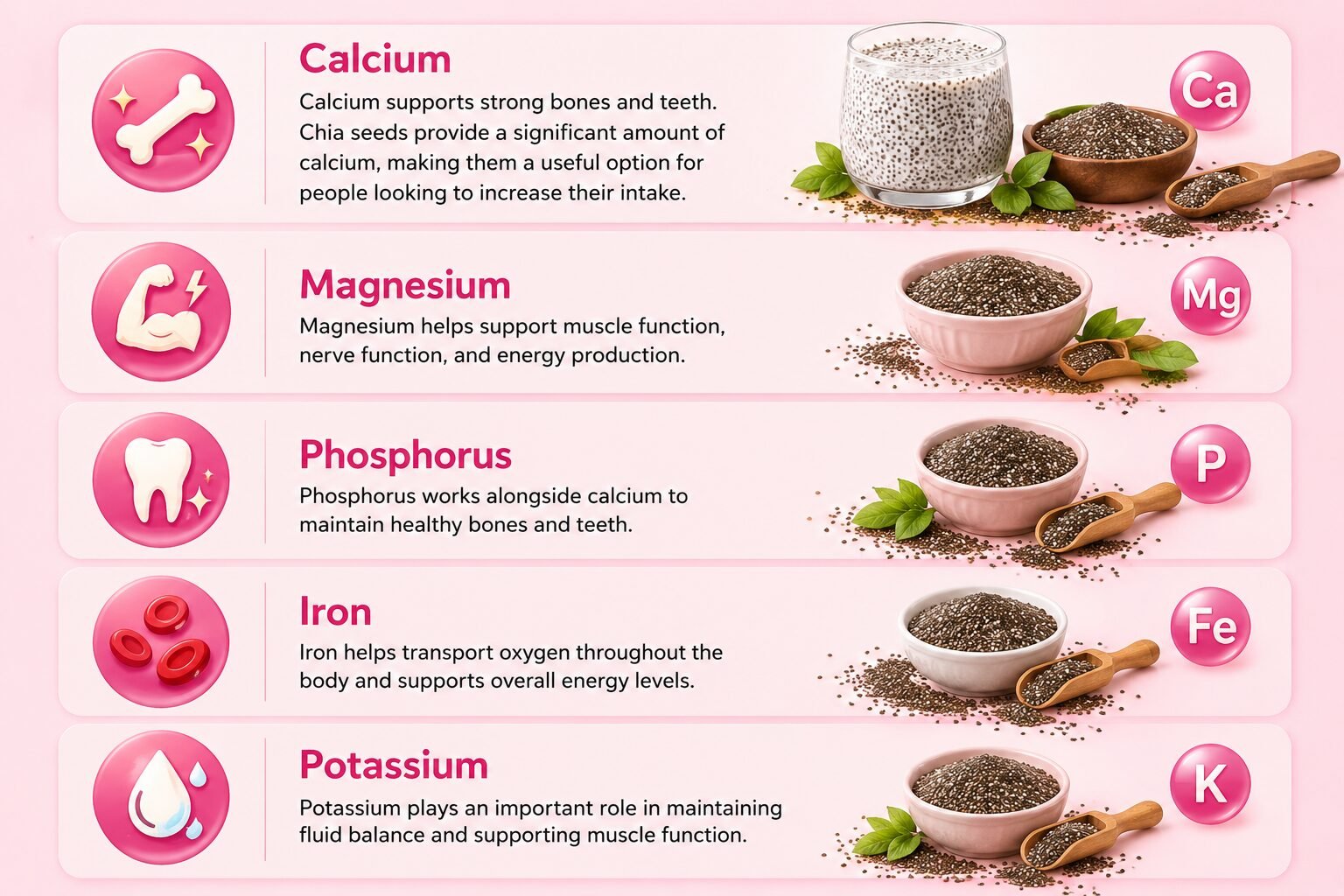 Chia seeds minerals and health benefits infographic showing calcium magnesium phosphorus iron and potassium with their nutritional functions