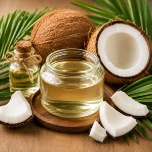Pure coconut oil with fresh coconut pieces used for coconut oil massage and healthy hair growth tips.