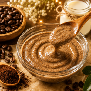 Shiny coffee and milk homemade face mask in glass bowl for instant glowing smooth skin naturally