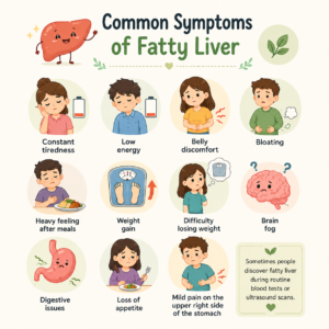 Friendly infographic showing common symptoms of fatty liver with simple wellness illustrations and easy-to-understand health icons
