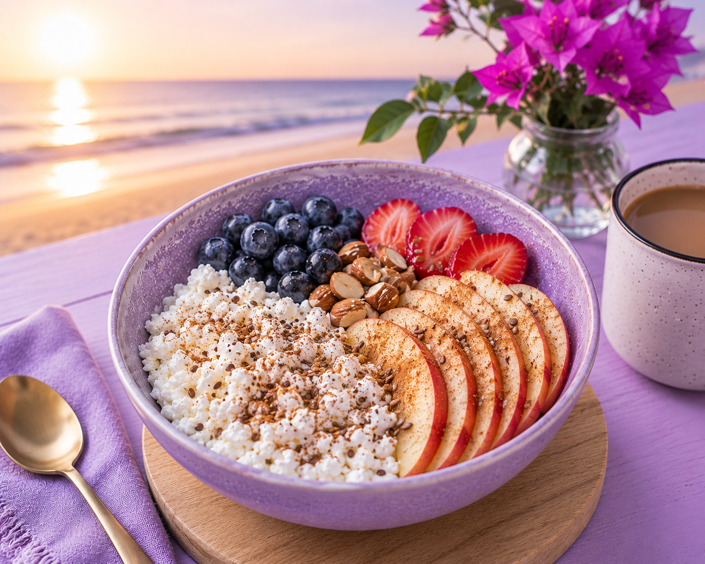 Cottage cheese breakfast bowl with apple slices cinnamon flaxseeds berries and nuts on purple beach morning table for high protein breakfast for weight loss