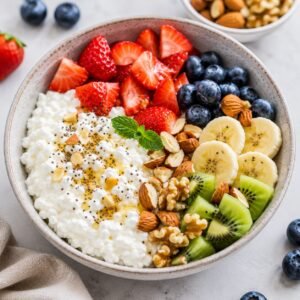 Cottage cheese bowl with fresh fruits, banana slices, berries, kiwi, and mixed nuts