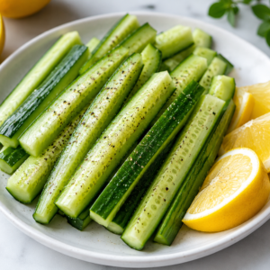Fresh cucumber sticks with lemon wedges served on a white plate for a healthy low calorie snack