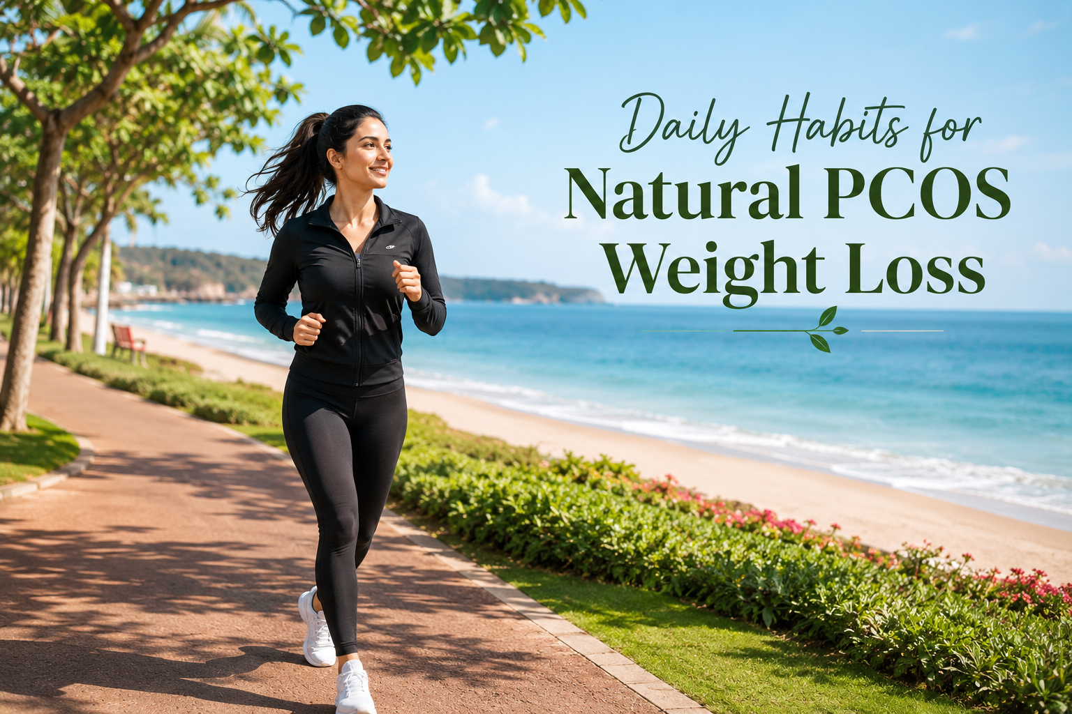 Woman jogging in a beautiful beachside park for natural PCOS weight loss and healthy lifestyle