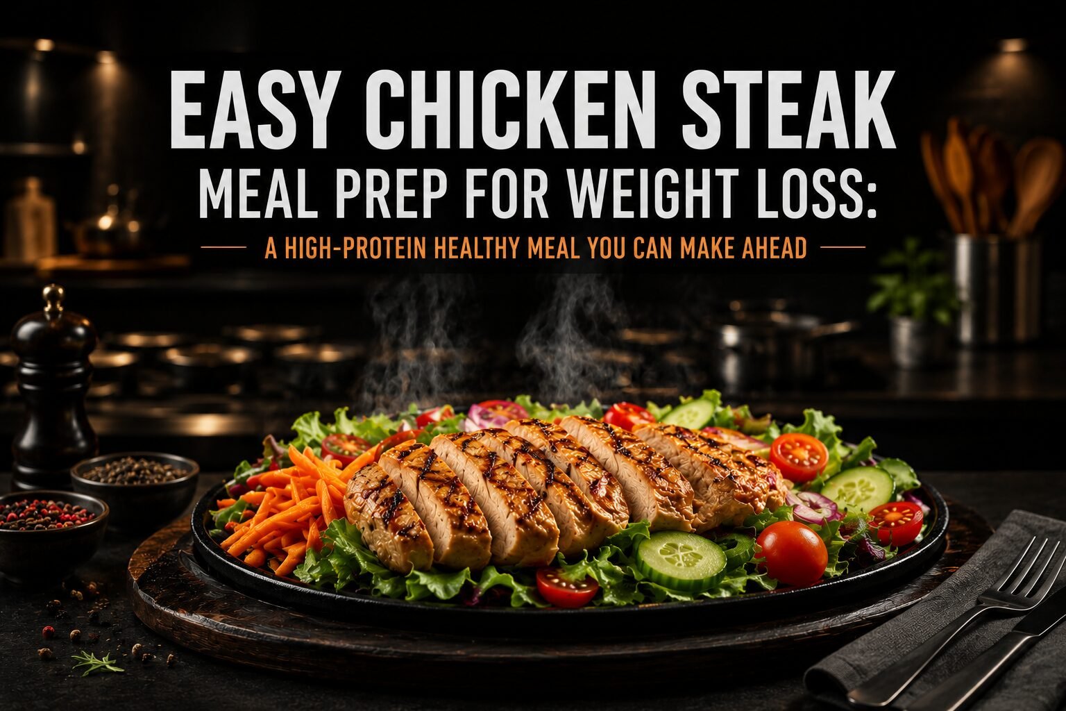 Easy Chicken Steak Meal Prep for Weight Loss served on a sizzling plate with fresh vegetables in a professional kitchen setting.