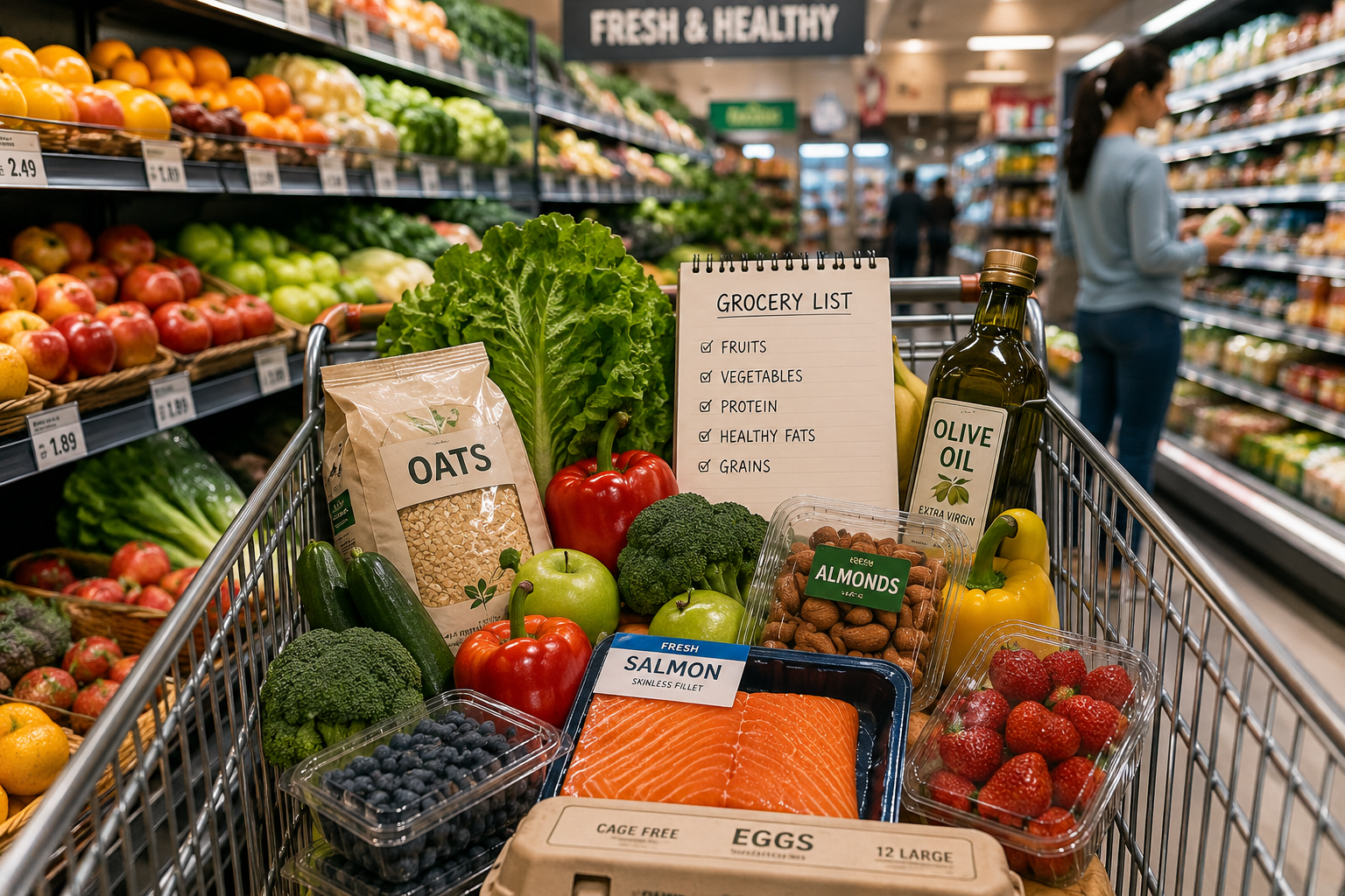 Healthy grocery shopping cart inside a supermarket with fresh fruits vegetables salmon oats almonds eggs and olive oil for a balanced lifestyle