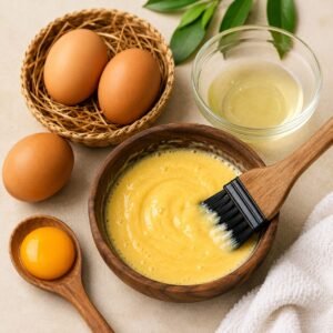 Homemade egg hair mask with fresh eggs and natural ingredients for strong, healthy, and shiny hair.