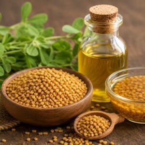 Fenugreek seeds for hair care with fenugreek oil and soaked fenugreek seeds used in natural remedies for healthy hair growth and stronger hair.