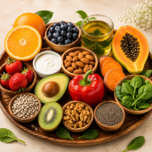 Healthy foods like fruits vegetables nuts seeds and yogurt that may support naturally bright glowing skin