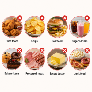Unhealthy foods including fried foods, chips, fast food, sugary drinks, bakery items, processed meat, excess butter, and junk food shown in a food collage.