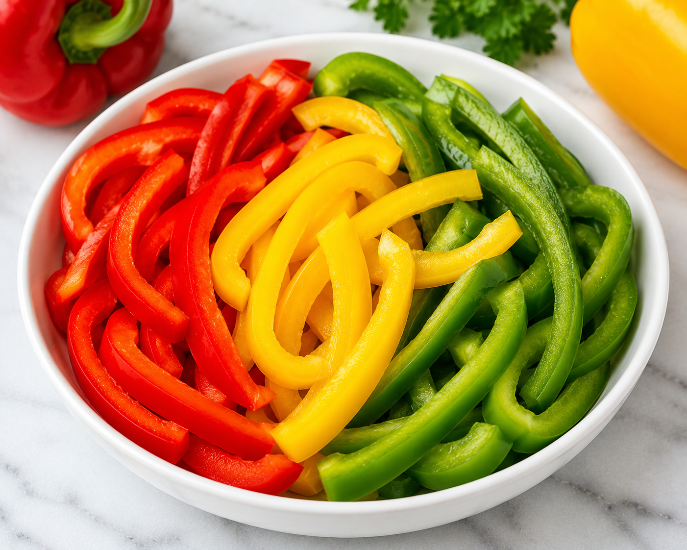 Fresh bell pepper slices in red yellow and green colors served in a white bowl as a healthy crunchy snack