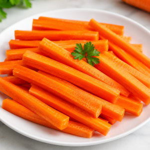 Fresh carrot sticks served on a white plate as a healthy crunchy snack for weight loss and clean eating