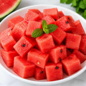 Fresh watermelon cubes served in a white bowl as a refreshing healthy fruit snack for summer hydration