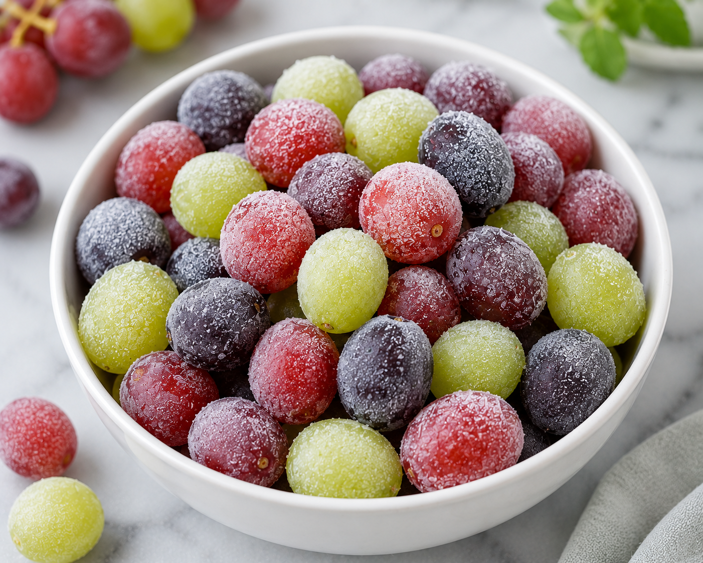 Frozen grapes in green red and purple colors served in a white bowl as a refreshing healthy snack for weight loss