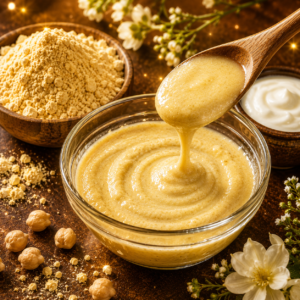 Shiny gram flour and yogurt homemade face mask in glass bowl for glowing smooth skin naturally